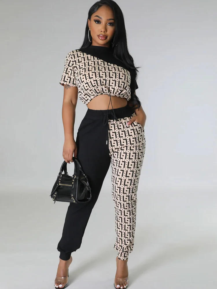 Neeleywall Casual Geometry Print O Neck Short Sleeve Crop Tops And Drawstring Pant Set Women Clothing Set Night Club Outfits