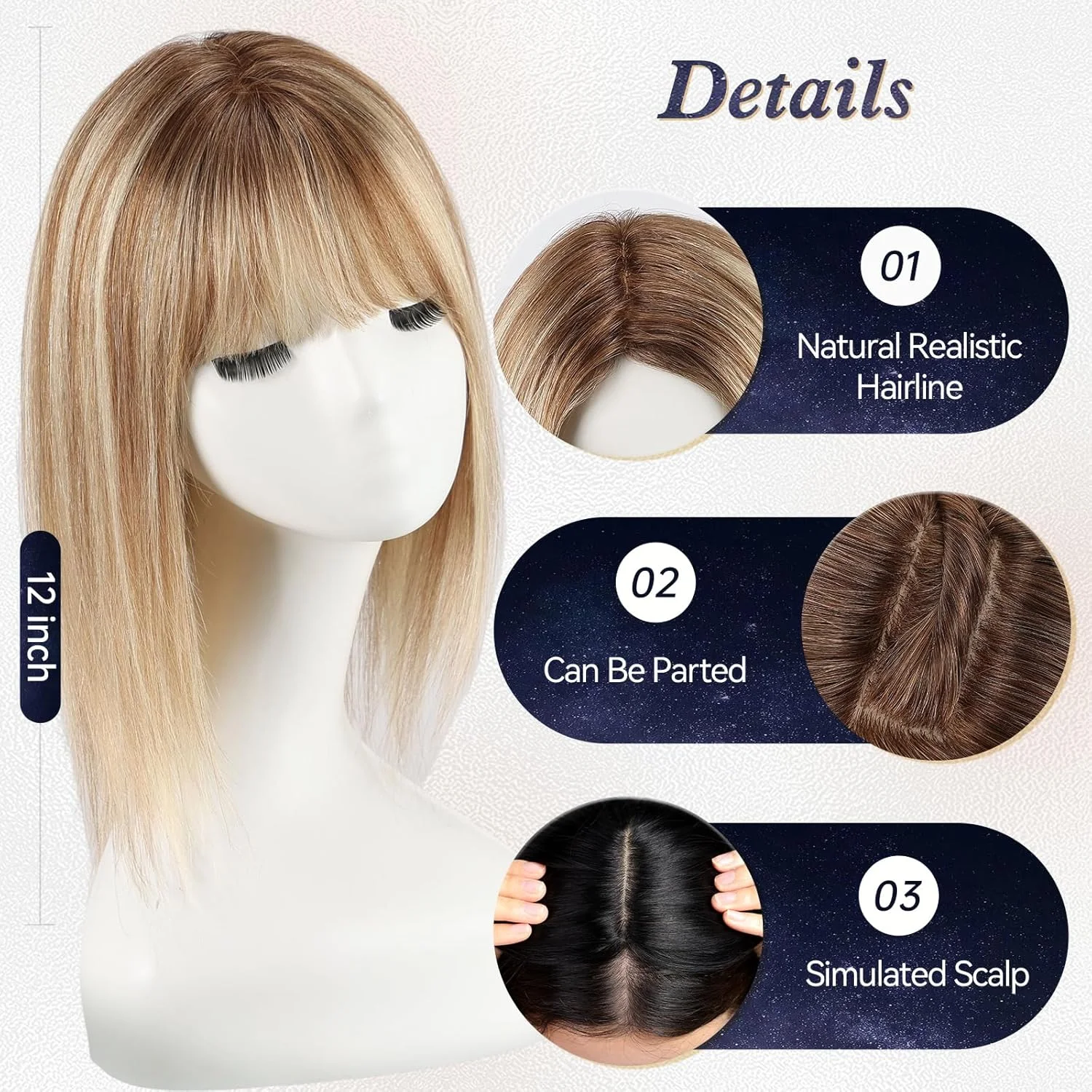 Brown Mixed Blonde 7x7inch Large Base Human Hair Toppers with Bangs for Women Hair Loss 12 inch Real Human Hair Topper 4 Clips