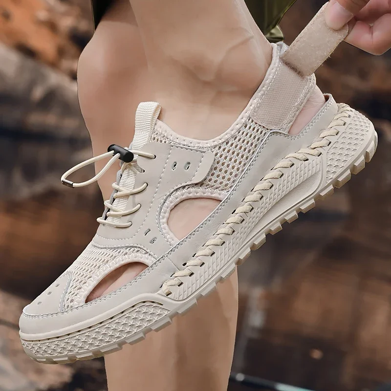 Sandals Men Tide 2024 Summer New Style Leather Toe Cap Outdoor Leisure Sports Hollow Sandals Beach Shoes Handmade Mesh Men Shoes