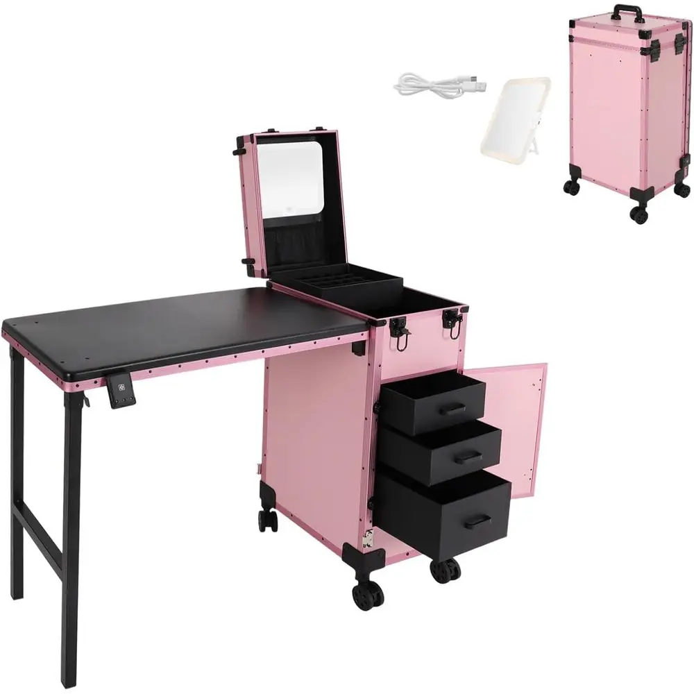

Rolling Manicure Table, Traveling Nail Tech Case with Table, Portable Nail Table with Storage, Lockable Travel Nail Desk with LE