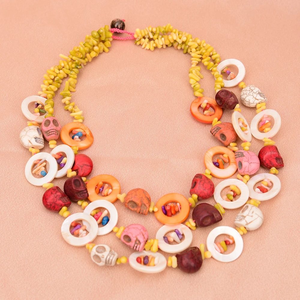 APDGG A63 Handmade 3 Rows Natural Mix Stone Coral Shell Turquoise Multi Strands Necklace