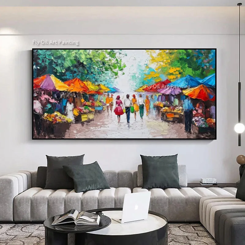 100% Handmade Textured Village Market Oil Art, Original Vibrant Street Scene Canvas Wall Decor for Home