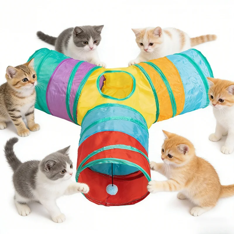 Rainbow 3-Way Cat Tunnel Collapsible Assemble Pet Play Channel