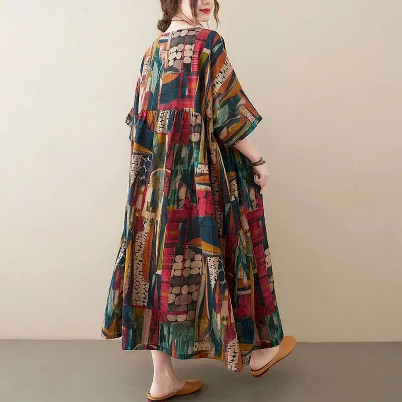 فساتين أدبية عتيقة تصميم الأزهار غير الرسمية نصف كم فضفاض س الرقبة الكورية نمط الكاحل طول فستان صيفي ملابس النساء