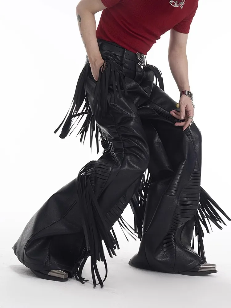 Mauroicardi Spring Autumn Cool Long Fringed Black Pu Leather Pants for Men Tassel Luxury Designer European Clothes Streetwear