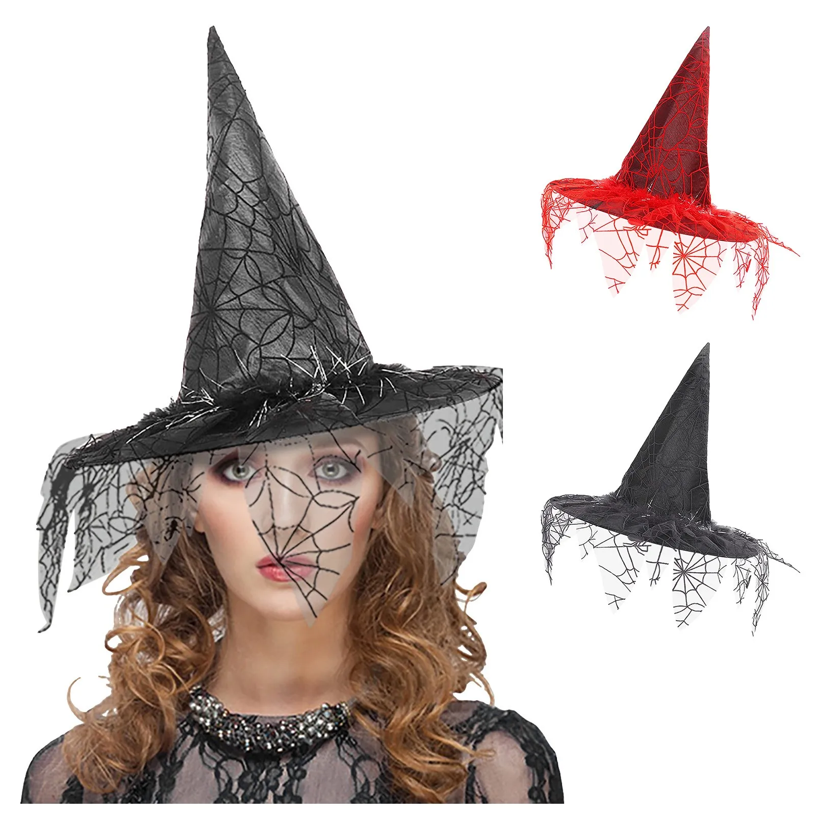 

Veils Witches Vintage Brim Halloween Girl Soft Wizard Lace Halloween Wide Foldable One Witch Pointed Fringe Side Hat Hat Women