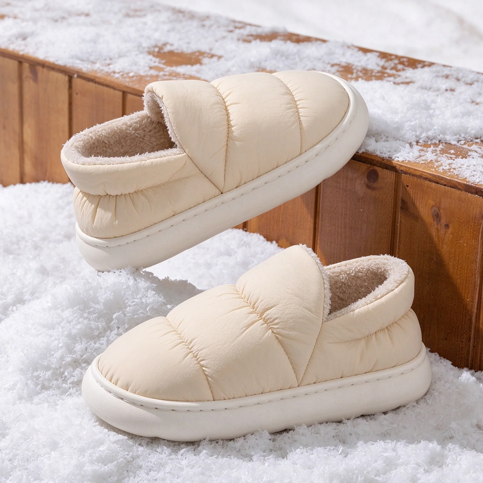 Comfortable Platform Fleece Lined Home Shoes Women 2026 Winter Waterproof Down Cloth Plush Snow Boots Women Cotton Padded Shoes