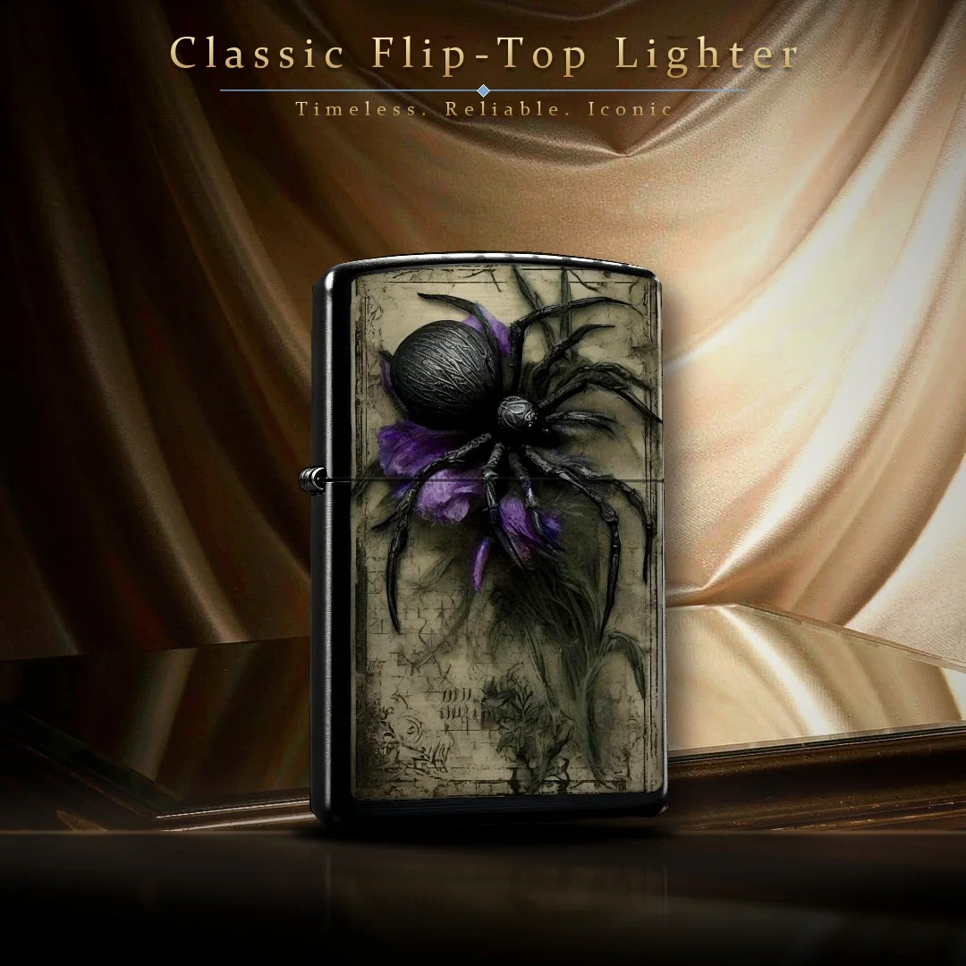 Pocket Lighter, Vintage Paper Purple Spider Print, Flip-Top Windproof Design, Metal Case, Anti-Slip Grip, Portable & Durable for Everyday Use