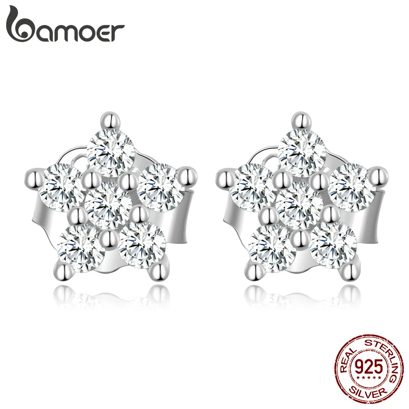 Bamoer oryginalna 925 Sterling Silver proste Mini kwiat kolczyki dla kobiet wykwintne wszystkie mecze Snowflake Ear Studs S925 biżuteria