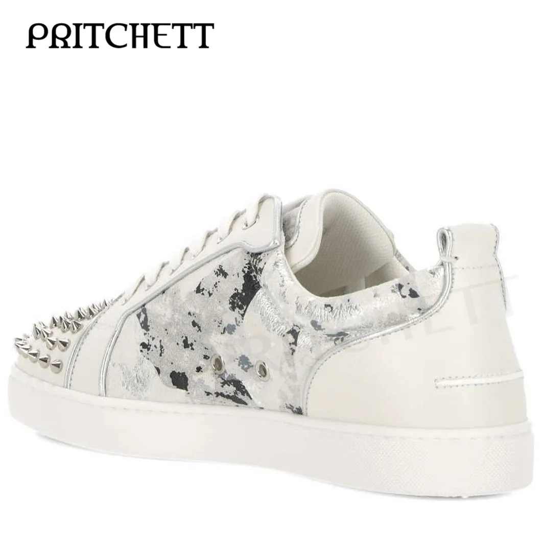 Rivet Color Matching White Casual Shoes lace-Up Printed Stitching Sneakers Large Size Comfortable and Fashionable Men\'s Shoes