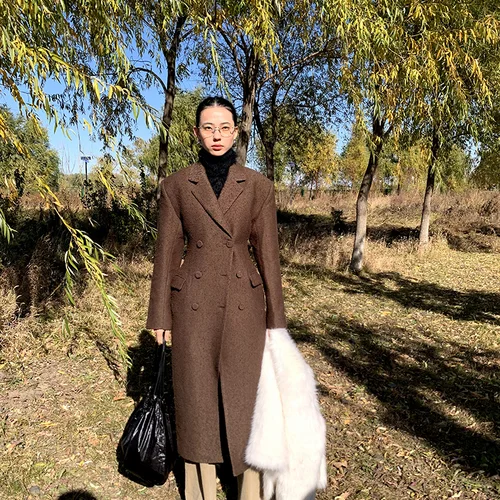 「고급브랜드」2023 가을/겨울 새로운 더블 행 버튼 다목적 악세사리 모직 롱 코트 여성용 긴 소매 자켓