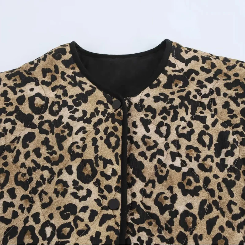 TRAF Parkas Leopard Winter Coats Woman Vintage Animal Print Quilted Jacket Women Autumn Long Sleeve Padded Jacket Short Coats