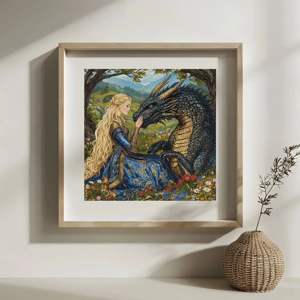 1pc 30X30CM/11.8inch Princess and Dragon Stamped Cross Stitch Kit DIY Kit 11/14/16CT DIY Embroidered Set DIY Cross-Stitch Set