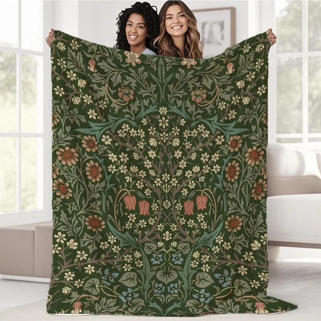 William Morris Dark Green Botanical Floral Flannel Blanket,Soft Warm Bed Blanket for Sofa Bedroom Camping Vintage Art Lover Gift