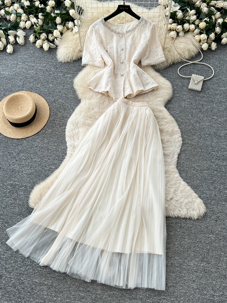 Elegant Lace Beaded Long Skirt Set Women's Summer Slim Fit High Waist Mesh Two Piece Set Commute Style Fashionable Casual Wear