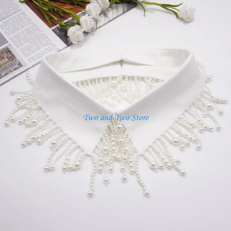 HX6F Fringed Pearls Decors Faux Collar Decorative Collar Neck Accessory Comfortable Point Collar For Women Daily Wear Party