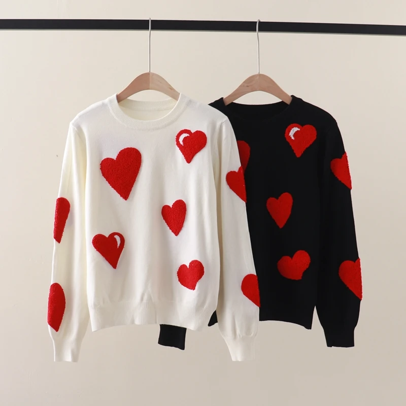 Autumn and Winter New Full Body Love Embroidery Pullover Round Neck Long Sleeve Knit Bottom Shirt Versatile Slim Sweater