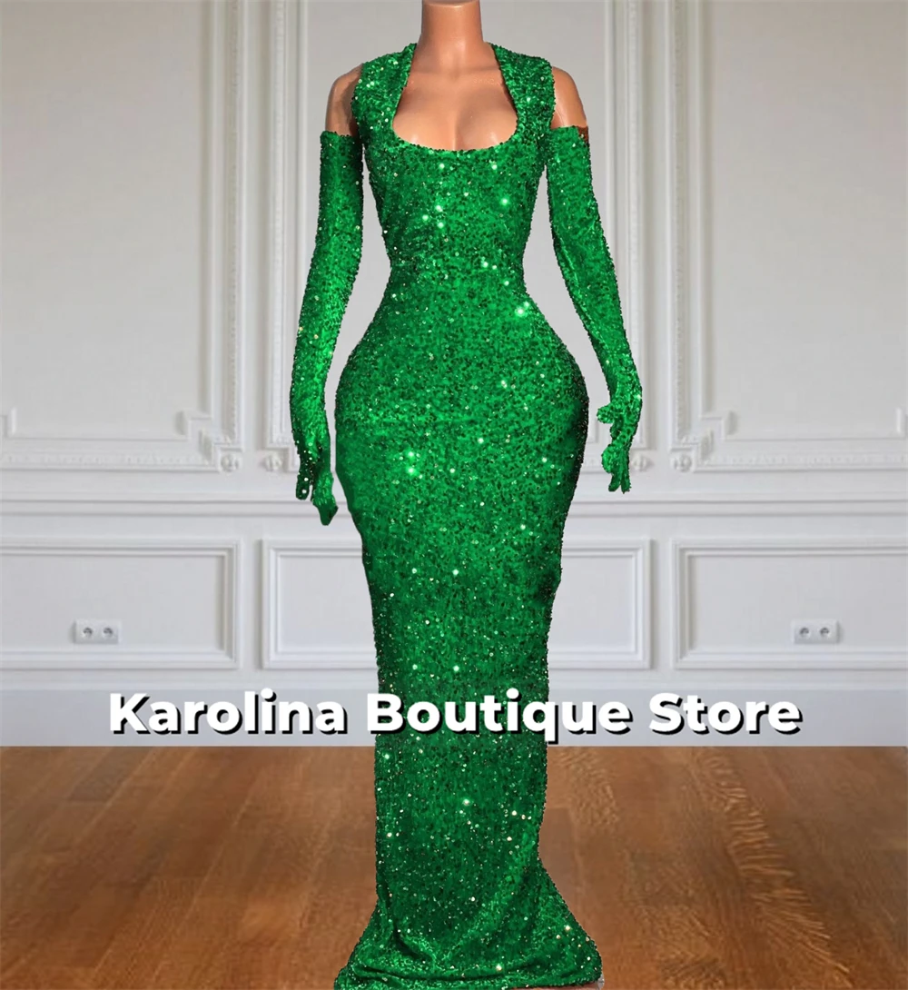 Sparkly Green Sequin Aso Ebi Evening Dresses With Gloves African Mermaid Formal Party Gown Woman Luxury 2025 Cocktail Customized