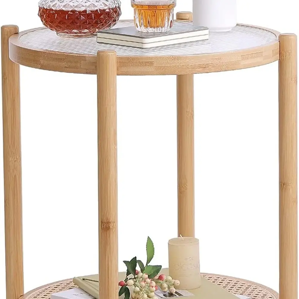 طاولة جانبية حديثة من الخيزران مستديرة 19.7 لغرفة المعيشة والشرفة والمكتب - قاعدة خشبية لسطح زجاجي داخلي/خارجي