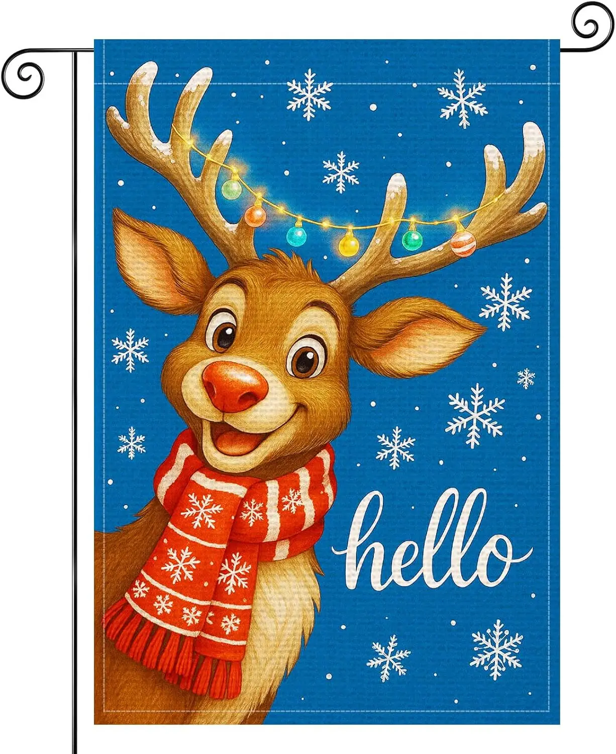 Hello Winter Garden Flag Double Sided 12x18 Inch Burlap Holiday Garden Flag Reindeer with Scarf Snowflakes and Blue Backgrou PPM