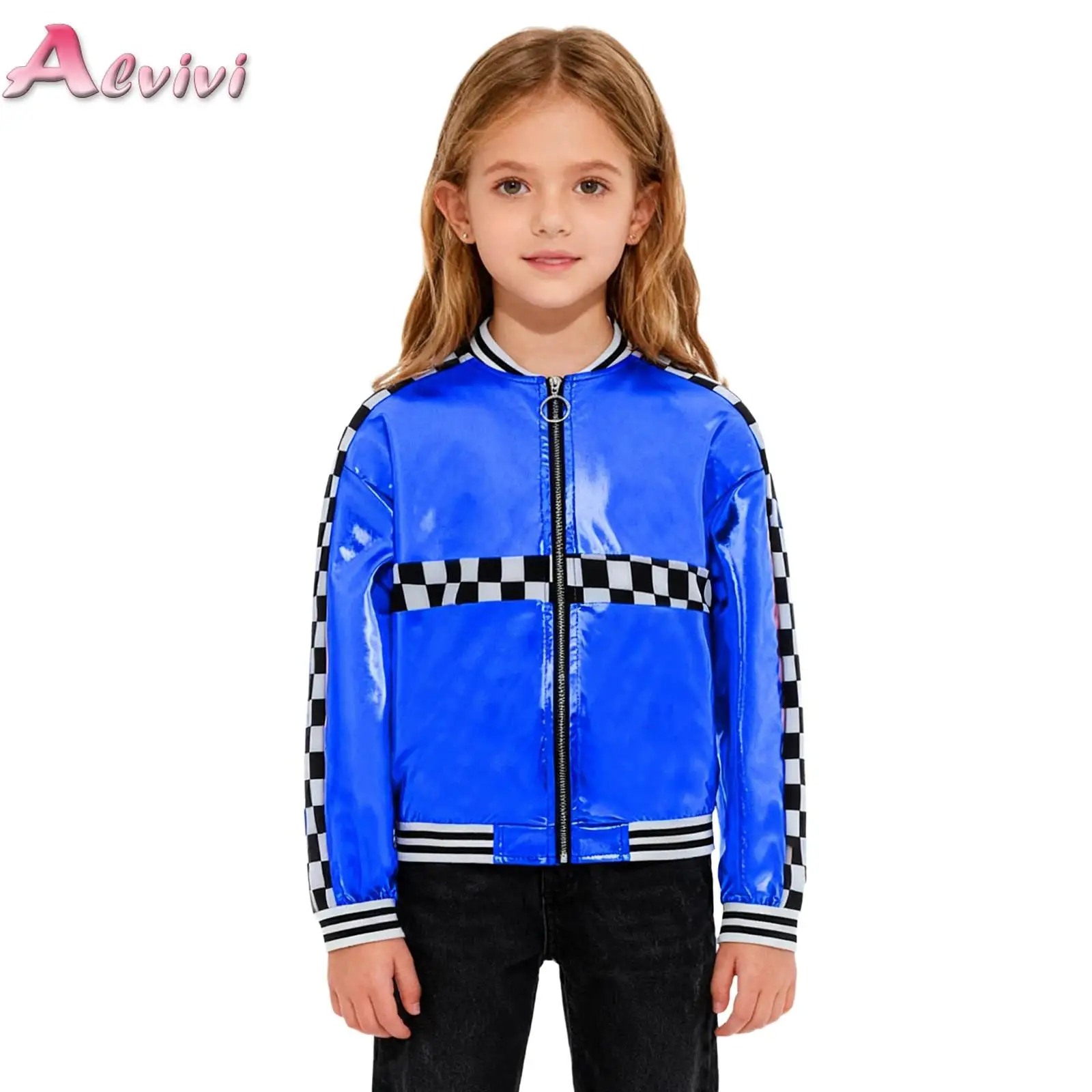 

Kids Girls Boys Checkerboard Metallic Baseball Jacket Long Sleeve Race Car Driver Bomber Jackets Jazz Hip-hop Street Dance Coats
