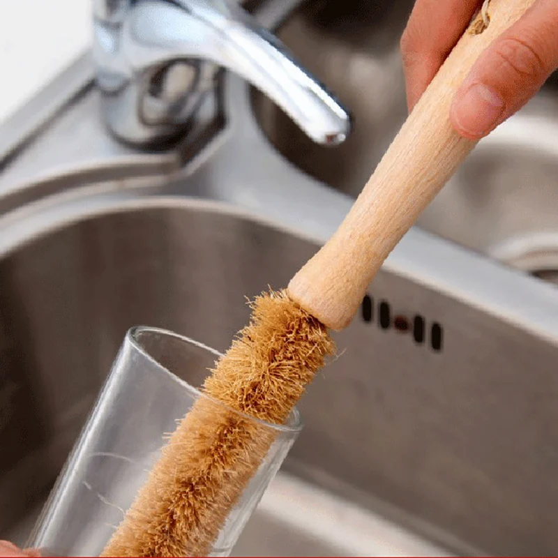 Coconut Palm Cup Brush Wooden Long Handle Bottle Kitchen Wash Cup Tweezers Glass Decontamination Helper Cleaning Brush