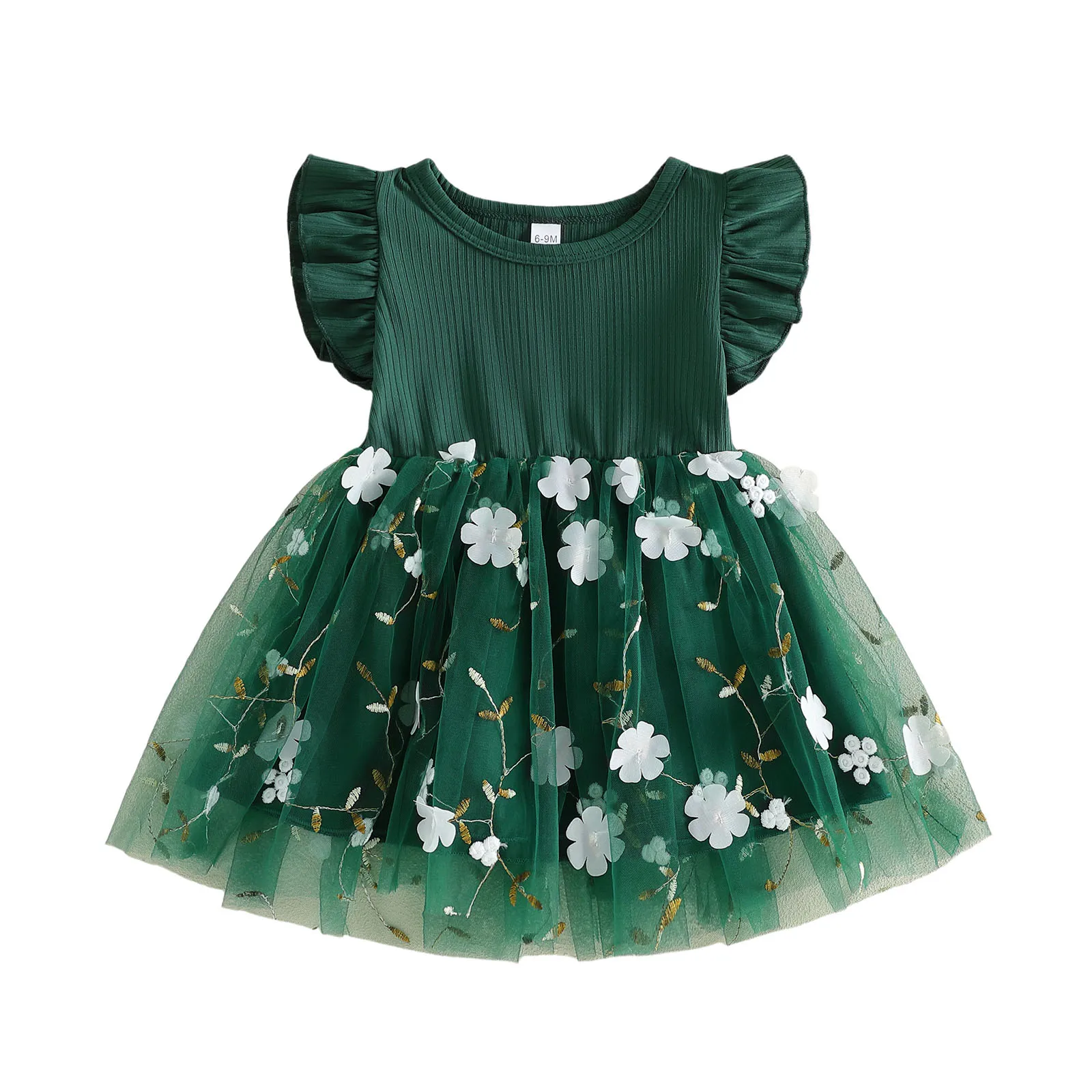 

Toddler Baby Girl Tulle Dress Flower Embroidered Flutter Sleeve Round Neck A-line Princess Dresses for Summer Spring