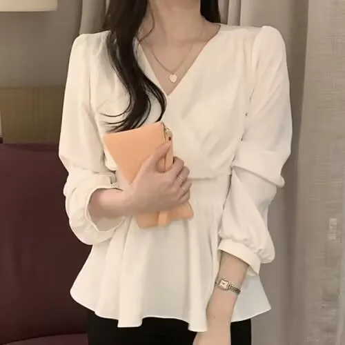 

Elegant V-Neck Women's Chiffon Shirt Sweet Waist Cinching Sun Protection Top Summer New Style Long Sleeve Lace Fashion