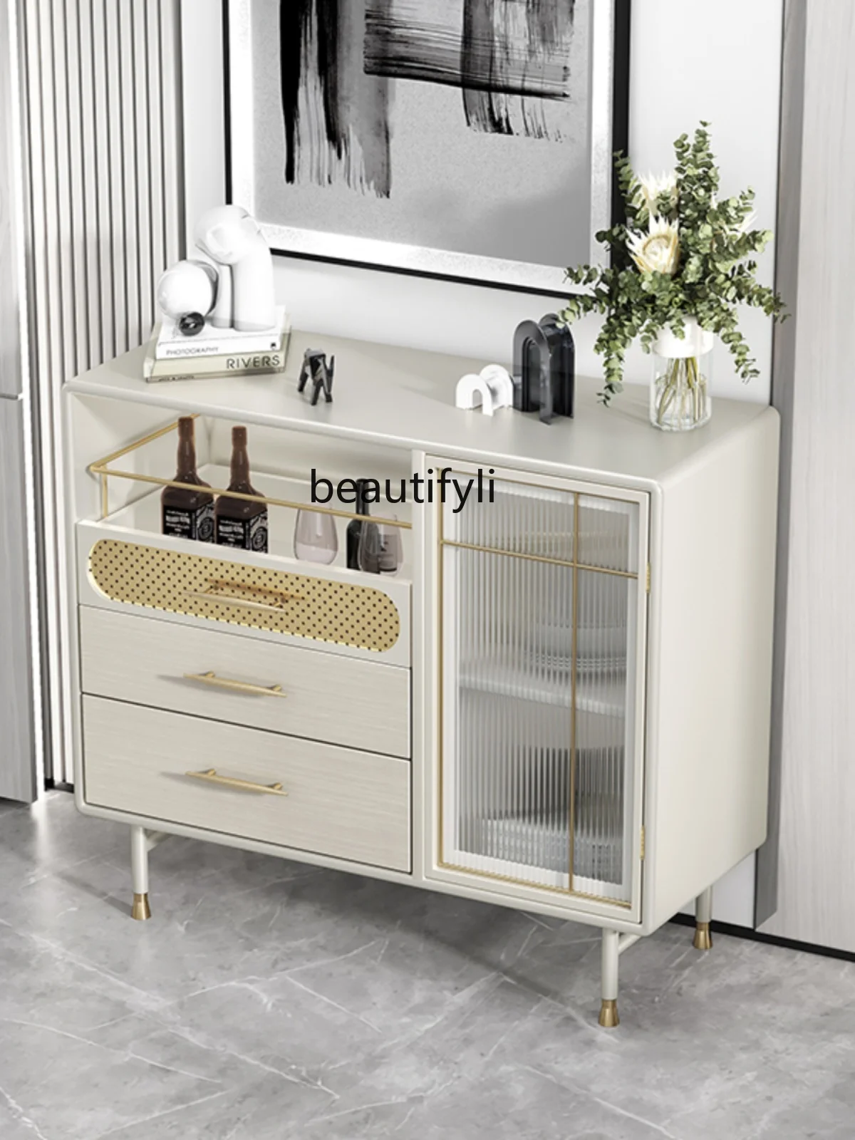 Light Luxury Home Entrance Cabinet American Induction Lamp Storage Side Cabinet Modern Minimalist Solid Wood Sideboard