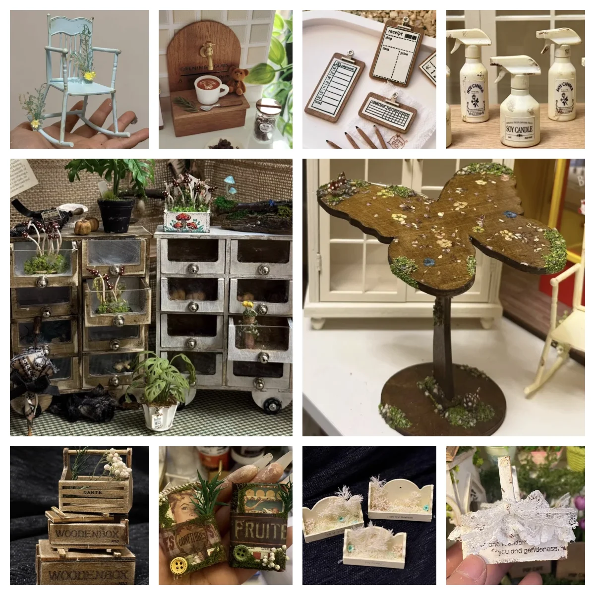 

Unique Handcrafted Miniature Decor Set: Vintage Cabinet, Marble Mushroom, Wooden Baskets Wood Storage Boxes Mini Baskets Display