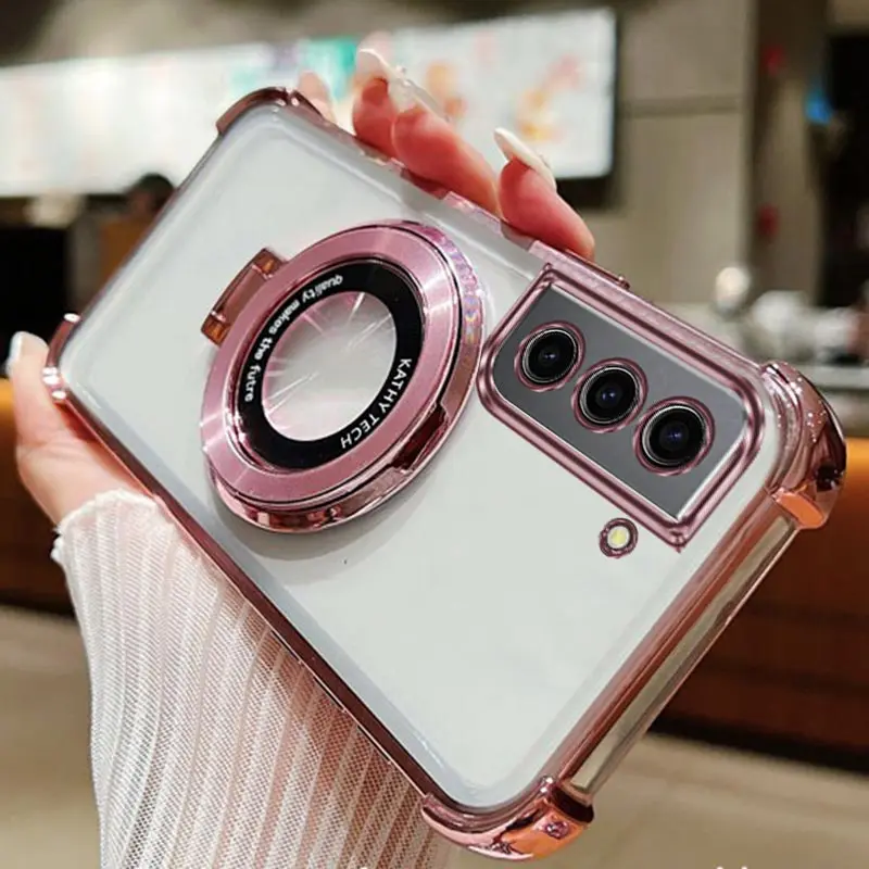 Hollow Portable Round Transparent Luxury Ring Phone Holder Case On For Samsung Galaxy S21 Fe 5G Girl Woman Used Back Cover