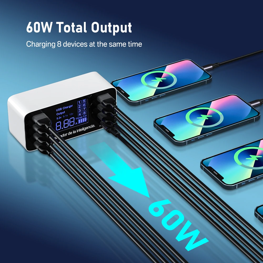 60W 8 Ports USB Phone Charger QC3.0 PD Type C USB C Fast Charger Quick Charge 3.0 Smart LED Display Charging Station Adapter