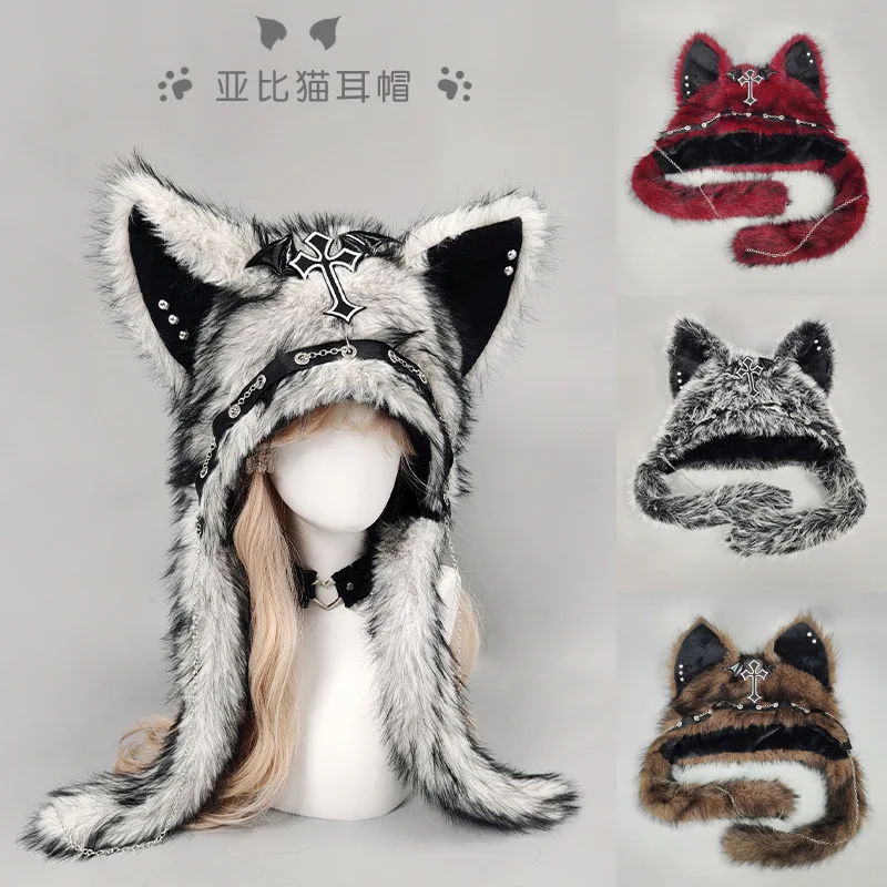 Gothic Punk Cat Ear Hat met kruisvleugelketting Decoratie Pluche warme wintermuts Alternatieve meisjes Y2K Rock Music Festival Party
