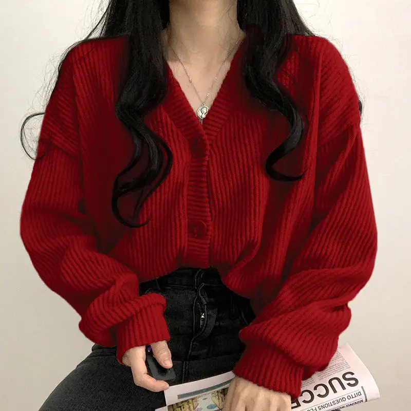 

Sweater Knit Cardigan V-Neck Button Long Sleeve Female Fashion Knit Female Autumn Elegant Lazy Wind Solid Color Knit Cardigan