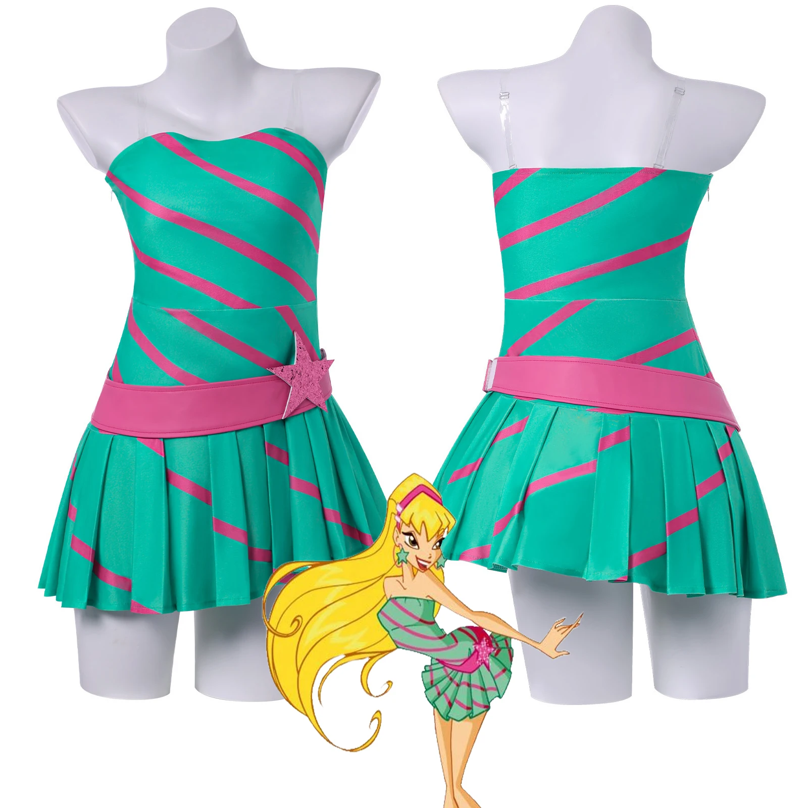 

Stella Cosplay Magical Costume Sexy Women Fancy Green Striped Dress Suit Halloween Carnival Party Fairy Disguise Ball Gown
