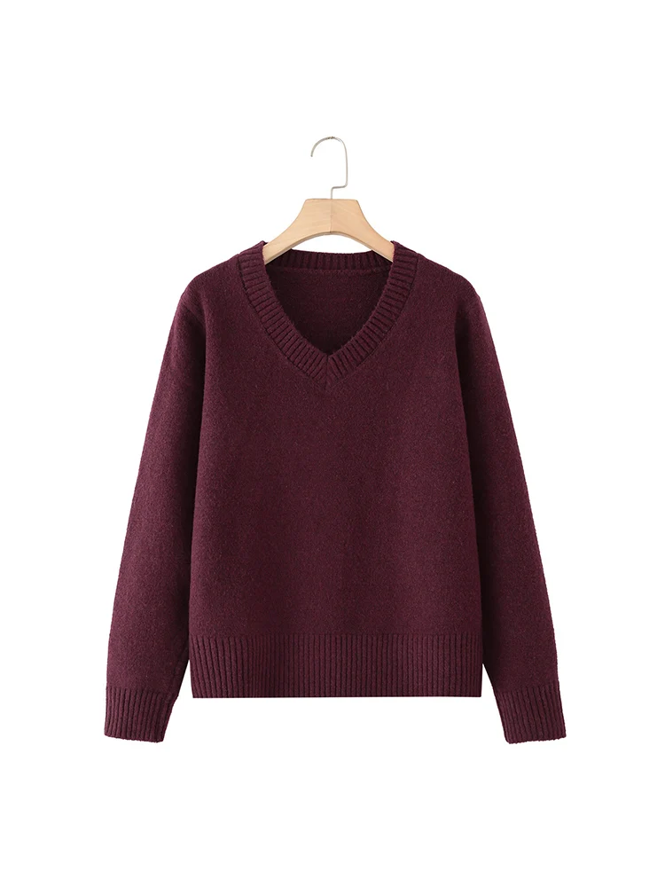 

European style new women's fashion versatile temperament solid color V-neck long-sleeved knitted sweater