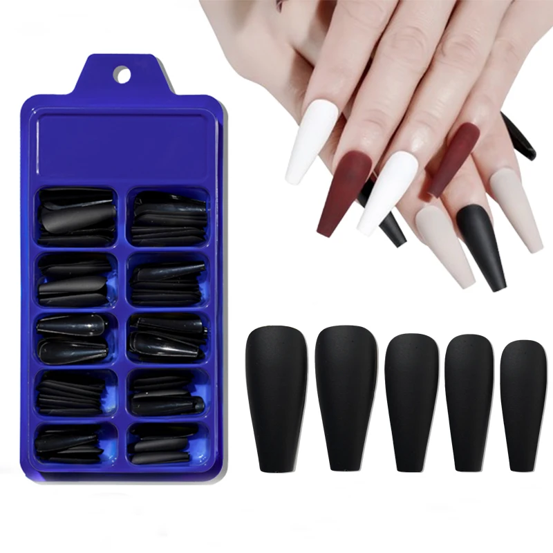 100pcs Black Long Coffin False Nails Full Cover Artificial Matte Acrylic Ballerina Shape Press On Fake Nails Tips Candy Patches