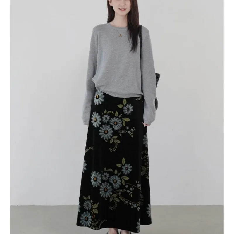 2025 Autumn New New Chinese Style High Waist A-Line Velvet Skirt Feminine Printed Fashionable Versatile Skirt