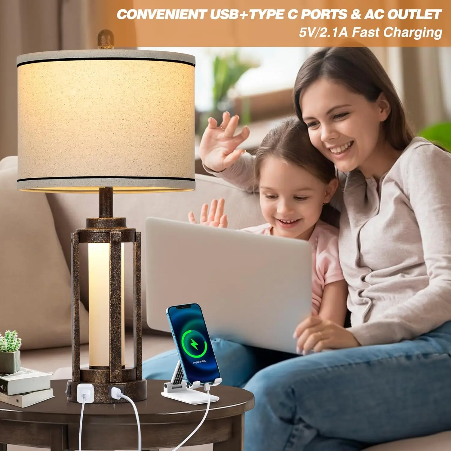 Lámpara de mesa vintage de granja con puertos USB A+C y toma de CA, luz nocturna LED rústica de 26', pantalla de lino, 2 bombillas incluidas