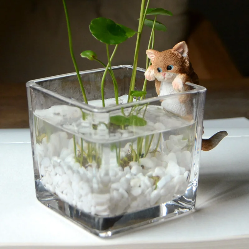 Creative Terrarium Hydroponic Glass Pot with Cat Pot Hugger Transparent Vase Decoratio Tabletop Plant Bonsai Decor Flowerpot