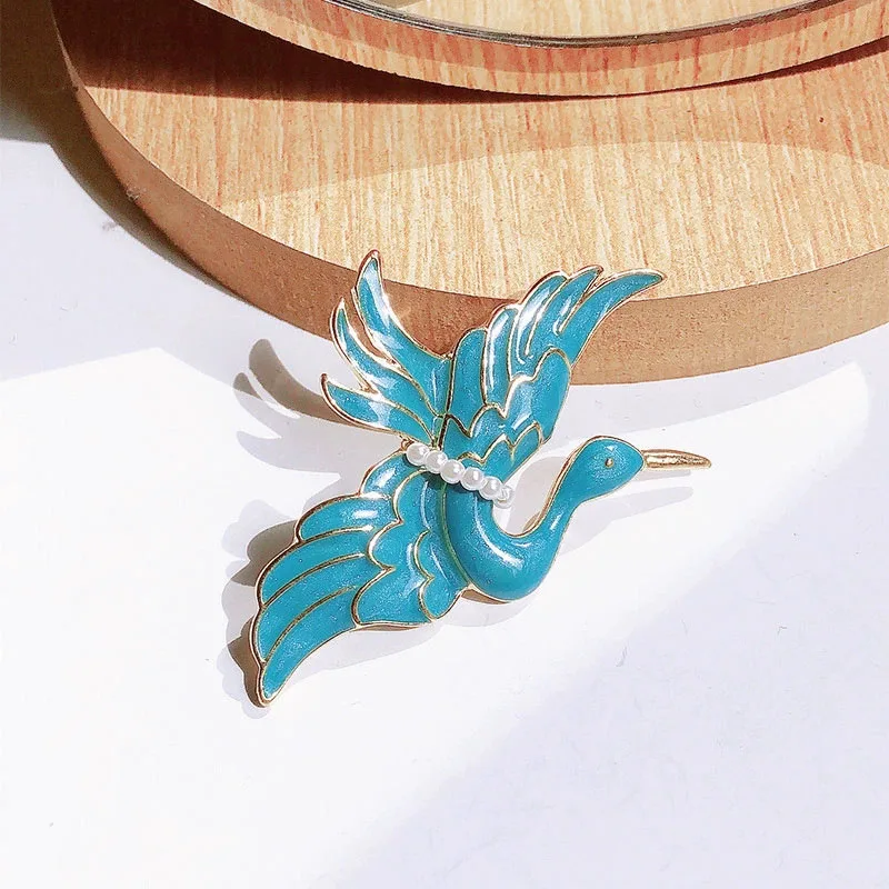 Chinese Style Crane Enamel Pin Vintage Metal Bird Clothes Brooches For Women Luxury Brooch Jewelry Gift