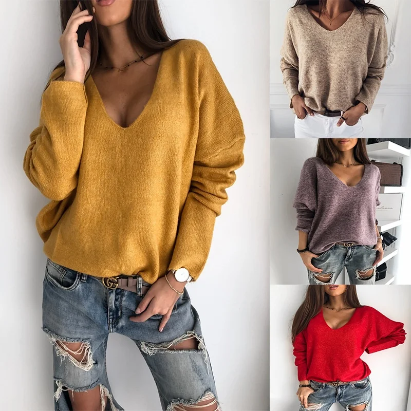 

Color V-Ne Long Sve Pullover Sweater Street Sle Autumn Faion Women's Knitwear Comfortable Loose Fit Single Piece