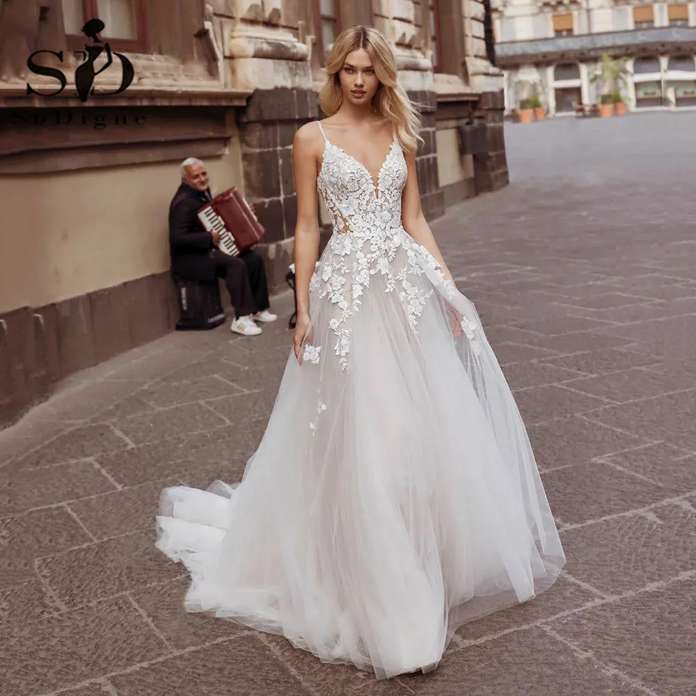 

SoDigne Boho Tulle A Line Wedding Dresses 2022 Sexy Backless Lace Appliques Bridal Gown Womoen Wedding Gowns For Bride