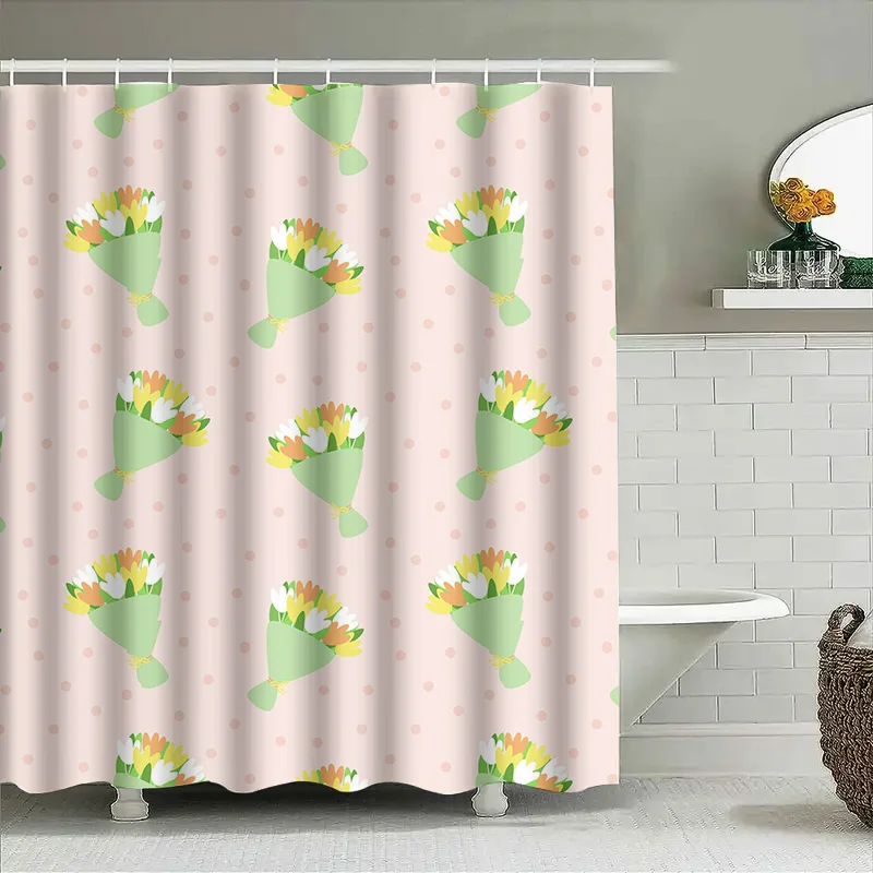

Spring Bloom Shower CurtainPink Polka Dot Floral Decorative Bath Cloth with Green Bouquet Print Ideal for Home Bathroom Decorati