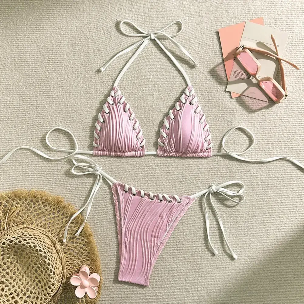 Women's Solid Color Sexy Adult Fashionable Female Underwear Soft Casual Neck Tie Panties For Women Bikini Split Women's Swimsuit