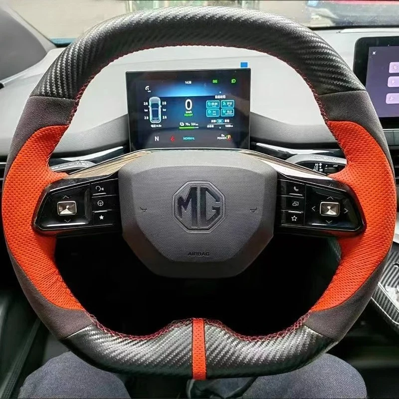 

For MG4 MG MULAN 2022 2023 Hand-stitched non-slip Genuine Leather suede Carbon Fiber Sports style Car Steering Wheel Cover