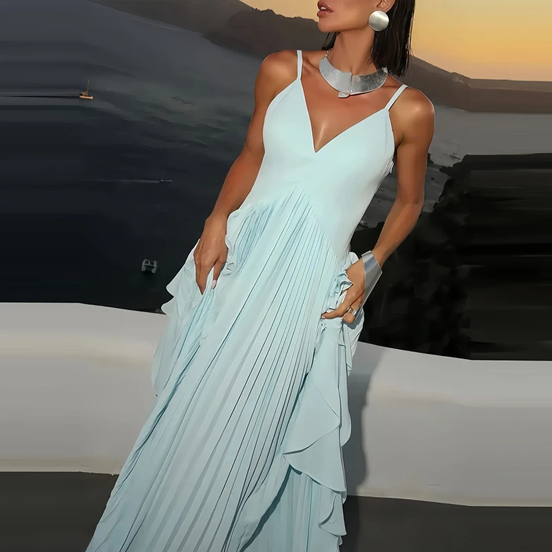 Moda feminina plissado sem mangas sólido estilingue vestido sexy fora do ombro solto balanço vestido elegante profundo decote em v em camadas vestido longo