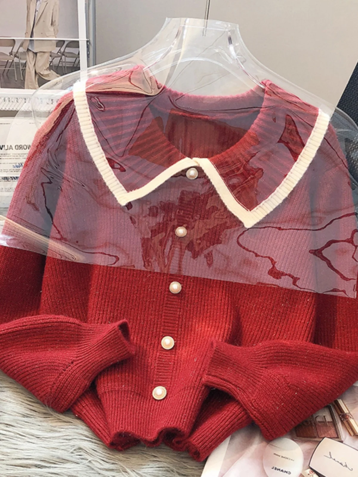 Thickened Knitted Sweater Baby Doll Collar Inner Wear Outer Wear Red Sweater European Style Women's Fashion Casual Loose Fit