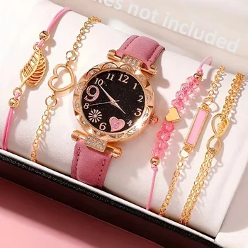 6PCS ผู้หญิงแฟชั่นนาฬิกาควอตซ์หรูหราหนังสีชมพู Band Analog น...