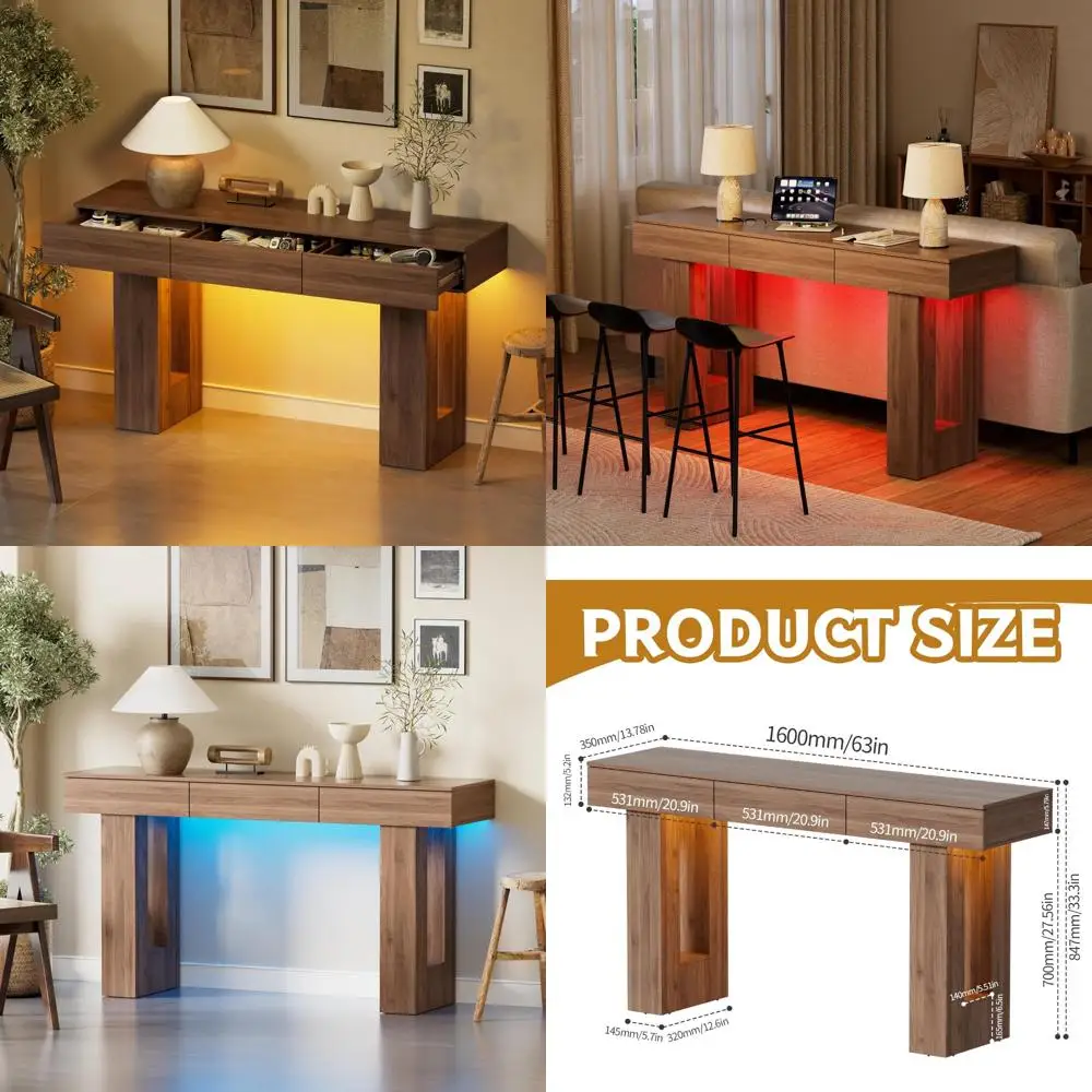 طاولة كونسول مستطيلة مقاس 63 بوصة مع أضواء LED و3 أدراج، وطاولة أريكة خشبية لخلف الأريكة، ونمط المزرعة #1